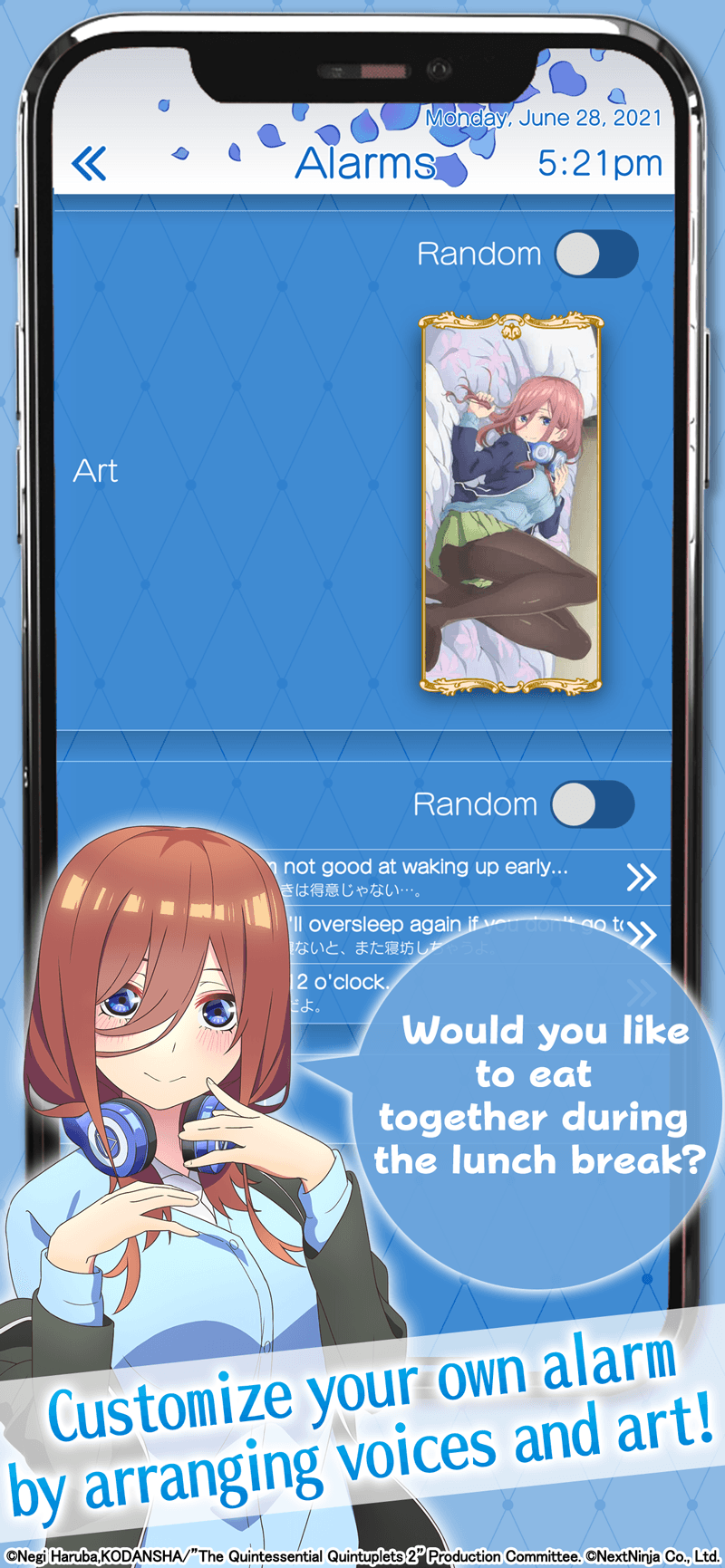 Would you like to eat together during lunch break? Customize your own alarm by arranging voices and art!